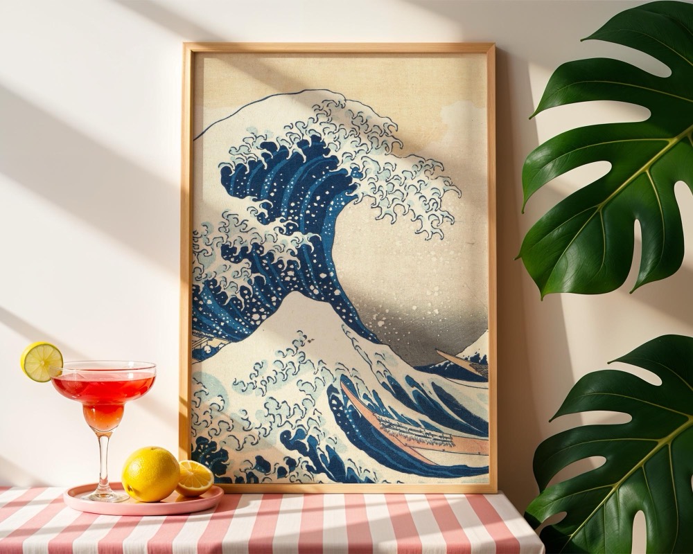 Mockup photo of the print in a frame on a striped table